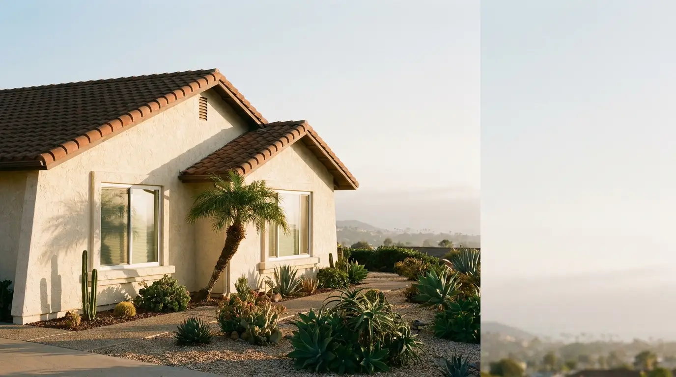 A North County coastal home at golden hour — 1980s Spanish-tile residence with drought-tolerant landscaping. Editorial atmospheric photograph.